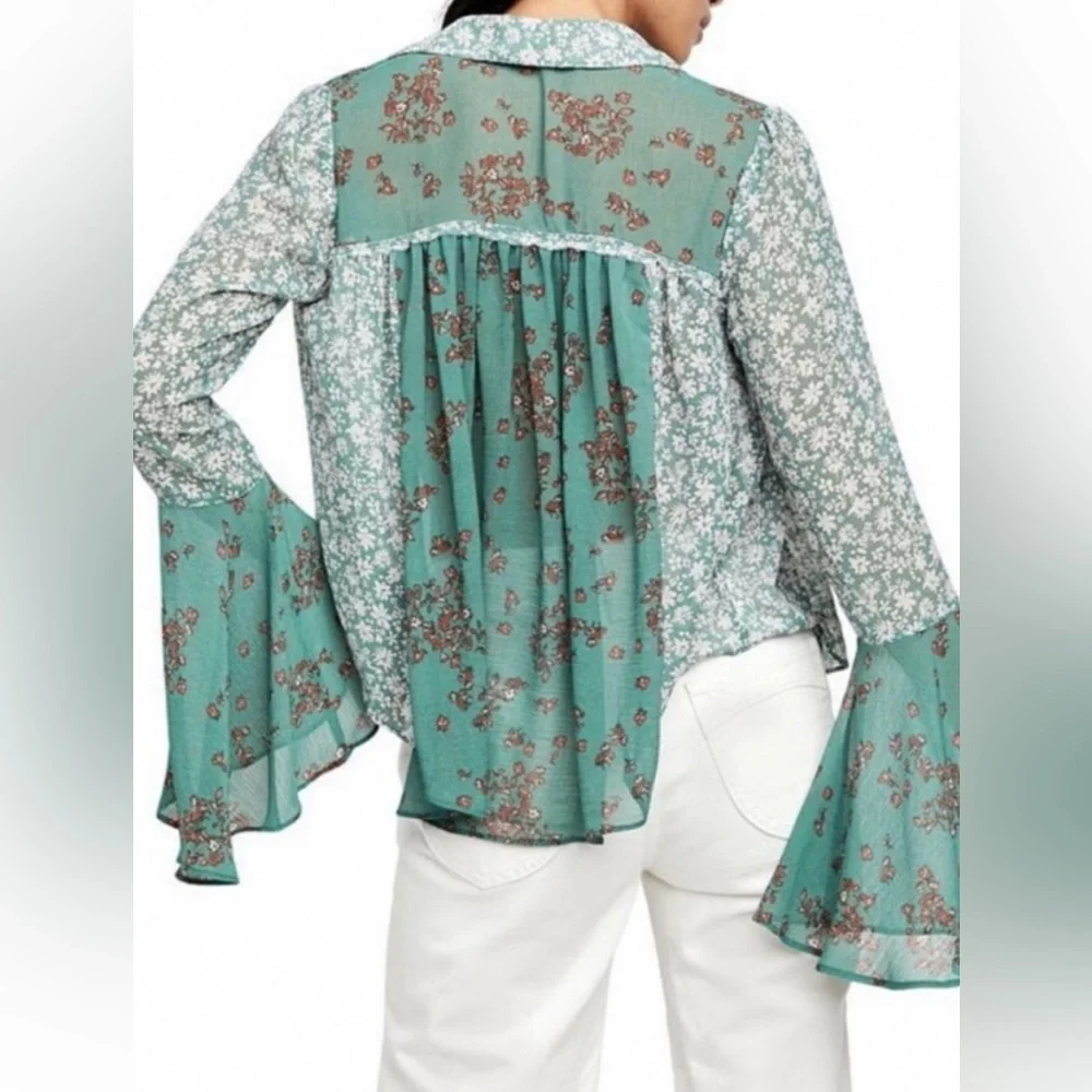 Free People Serena Printed Blouse Emerald Combo Size L